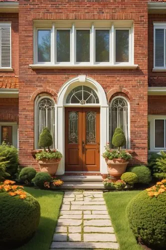 Retro 1980s home, suburban residence, two-story, sloping roof, brick facade, white window frames, wooden door, geometric shapes, ornate decorations, symmetrical composition, vibrant color scheme, flor