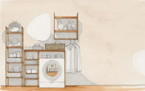 a line drawing of an open floor plan with stairs and open storage units,drawing of an unlitable washer with shelves, shelving, and a book shelf,apothecary,dollhouses,pantry,backgrounds,background desi