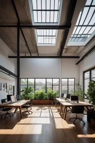 Modern architecture design studio, sleek minimalist interior, large floor-to-ceiling windows, natural light pouring in, wooden floors, white walls, designer desk lamps, ergonomic chairs, 3D modeling s