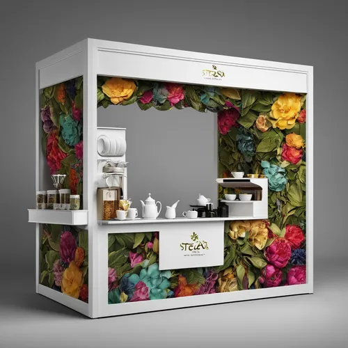 tea booth design with solid background,flower booth,cosmetics counter,product display,floral mockup,flower cart,sales booth,flower wall en,kitchen cart,bathroom cabinet,flower stand,dressing table,flo