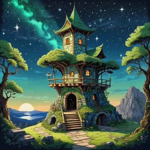 Description: A small observation tower built of light-colored stone under a star-filled night sky, a green roof covered in shimmering moss, wooden beams carved with celestial symbols, narrow openings 