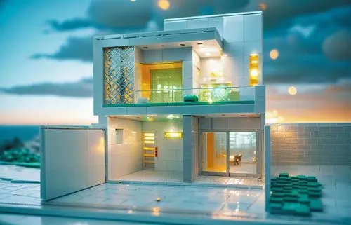 an artistic picture of a house with a pool in front,model house,miniature house,dolls houses,sky apartment,cubic house,diorama,doll house,dollhouses,lifeguard tower,penthouses,3d rendering,cube stilt 