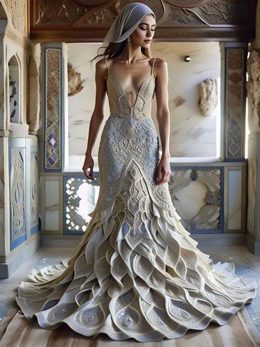 A highly detailed 3d islamic pattern and architecture elemnts  and elegant haute couture dress deeply inspired by traditional Iranian architecture, especially the intricate geometry of muqarnas — the 