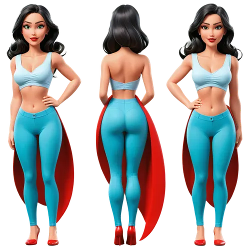 Create only high resolution images, pixar 3d, 4k, character sheet style, like a paper doll, A pose style. She must be wearing light blue spandex leggings with visible panty lines and a transparent blo