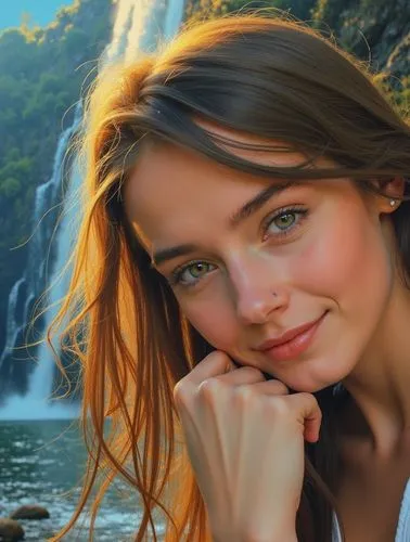An oil paint portrait of a beautiful Caucasian young woman with long brown hair, 21 years old, holding her face gently with a fist, smiling warmly. She is wearing a white top with a neckline. The scen