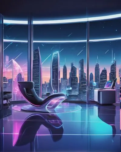 Futuristic digital architecture, sleek curves, neon lights, holographic displays, metallic structure, transparent glass walls, minimalist interior, ergonomic chairs, futuristic desks, virtual reality 
