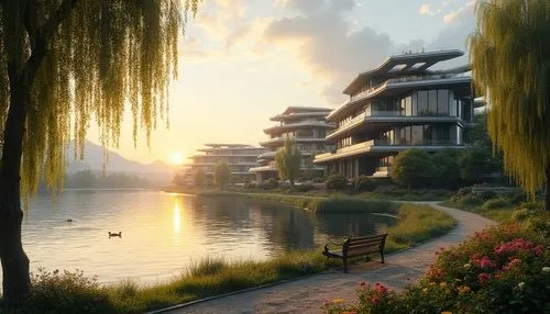 Postmodernism Style Housing Design Ideas Using Fiber-Cement Material in Maroon Color by the Riverbank