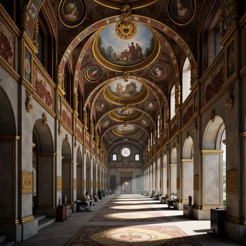 Intricate stone carvings, gilded ornaments, vibrant mosaics, grandiose arches, ornate columns, majestic domes, lavish frescoes, richly textured fabrics, golden accents, bejeweled icons, elaborate frie