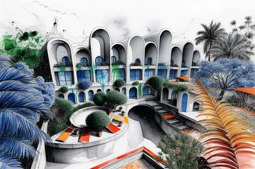 this is an illustration of a watercolor painting,watercolor palm trees,palm forest,mosques,monorails,palm field,royal palms,palm branches,palm garden,fantasy city,watercolor shops,watercolors,watercol