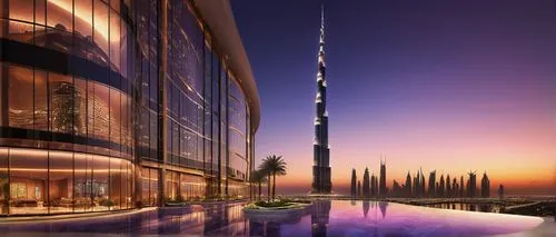 Modern Dubai skyscraper, sleek glass facade, metallic accents, futuristic curves, luxurious high-rise office building, Arabesque details, grand entrance lobby, marble floors, floor-to-ceiling windows,