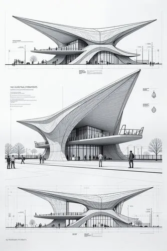 Create a detailed structural illustration of a modern structure. Illustrations should include Multiple Viewpoints: Provide multiple perspectives, including front, side, and top views, Cross Sections a