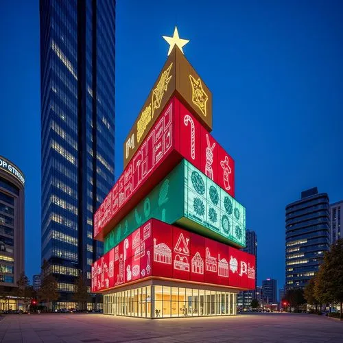 
A building that looks like Christmas gift boxes of different sizes are stacked on top of each other, different Christmas symbolic elements are embroidered on its facade, a Christmas star is on the to