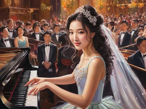 Create a heartwarming scene where Kim Min Ji, a talented pianist, performs in a crowded concert hall.,pianist,concerto for piano,piano player,piano,jazz pianist,serenade,musical background,play piano,