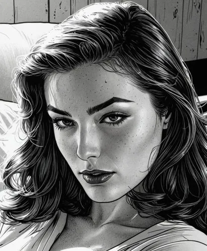 COMIC STYLE, COMIC ART, Tuschelinien, Schatten, dynamische Linienführung, 2000's Comic‑Look, slim black ink outline,a drawing of a beautiful young woman sitting on a couch,comic halftone woman,comic s