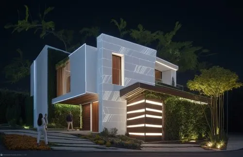 EXTERIOR DESIGN OF A MINIMALIST STYLE HOUSE LOCATED ON A CORNER, WITH ASPHALT STREETS ON BOTH SIDES, ENVIRONMENT WITH VEGETATION, PEOPLE, DAYLIGHT, HYPERREALISTIC PHOTOGRAPHY, FILM SHOT, ARCHITECTURAL