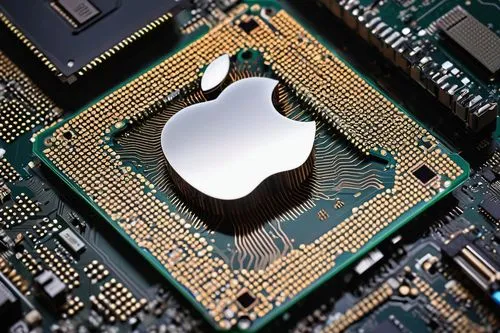 Apple M3 chip, futuristic, sleek design, silver metal casing, intricate circuitry patterns, tiny ventilation holes, LED indicator lights, compact motherboard, high-performance CPU, advanced GPU, AI-po