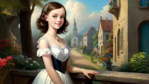 Romantic masterpiece oil painting, cute girl portrait, nostalgic 1950's style kitsch, traditional woman, tradwife, beautiful European cityscape, epic vast kingdom scenery, Victorian era aesthetic, by 