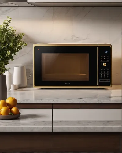 Help me create a high-end, expensive microwave oven with a French design, featuring realism, a front view, and warm lighting,microwave oven,cooktop,ceramic hob,tile kitchen,major appliance,home applia