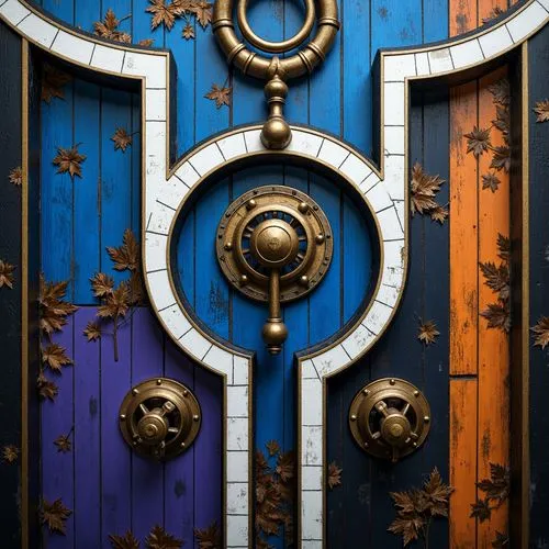 Vibrant artistic composition, Prussian blue dominant color, warm golden accents, rich brown textures, creamy white highlights, subtle purple undertones, delicate orange nuances, bold black outlines, i
