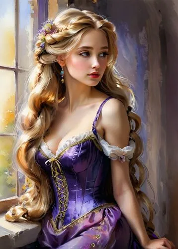 A beautiful buxom seductively dressed young woman, a adult rapunzel,rapunzel,princess anna,cinderella,fairy tale character,celtic woman,la violetta,fantasy portrait,princess sofia,tangled,jessamine,fa