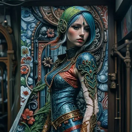 the woman with blue hair is holding her hand near the door,fantasy portrait,amano,violet head elf,wood elf,yasumasa,elven,troubador,rapunzel,triss,ciri,troubadour,bohemian art,fantasy art,majevica,art