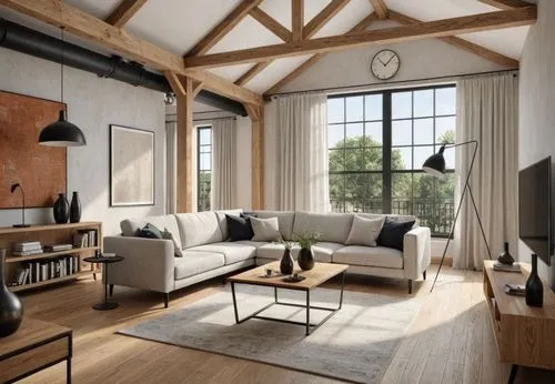Use the uploaded sketch as the exact architectural reference. Preserve the original architecture completely. Do not redesign or modify the room layout, exposed timber roof trusses, structural columns,