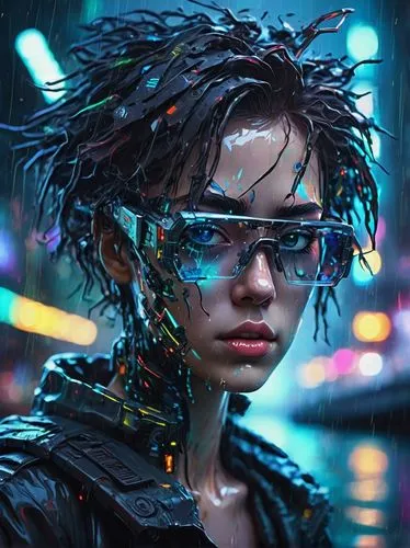Critique of AI Art, digital painting, abstract expressionism, broken robotic figure, glitchy distorted face, shattered glasses, messy hair, dark cyberpunk background, neon lights, futuristic cityscape
