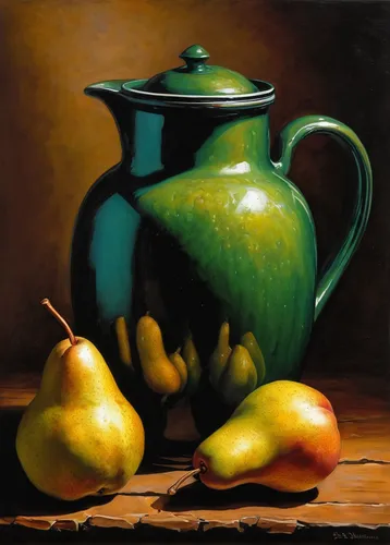 "Brett Humphries - ""Jug and Pears"" ,tea still life with melon,green apples,still life,still life with onions,autumn still life,still-life,pears,fruit bowl,still life elegant,basket with apples,still