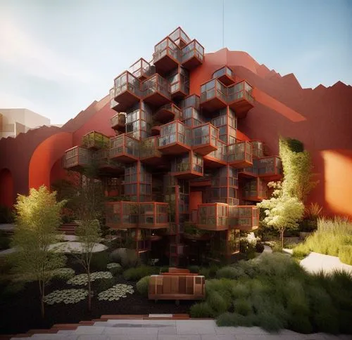 an artistic, multi - level building with a red exterior and balconies,cubic house,cube stilt houses,cube house,masdar,ecovillages,damac