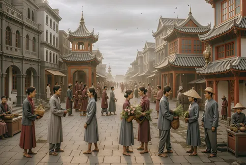 people walking in a street with a few buildings on the other side,town musicians,street musicians,merchants,pilgrims,townspeople,medieval market,townsfolk,gondoliers,prayer wheels,lutenists,ancient pa