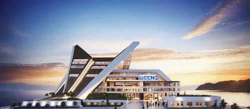 a large building with a massive triangle shape on the front,futuristic architecture,snohetta,cube stilt houses,freyberg,costa concordia,namhae,bjarke,dunes house,modern architecture,futuristic art mus