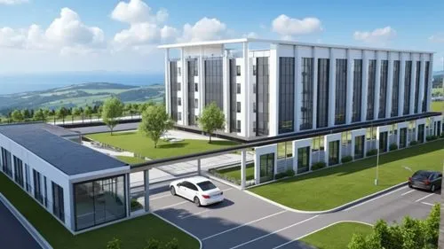 Photo realistic industrial building, blender render, vray render,achicad render ,an artistic rendering of the planned el at the top of the hill,modern building,new building,prefabricated buildings,hot