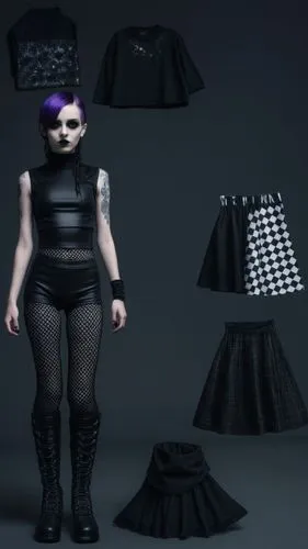 Goth Paper doll futuristic cyberpunk emp punk goth girl in black sleeveless shirt , black spandex shorts, complete full length fishnet and black goth knee Boots, standing surrounded by with a set of g