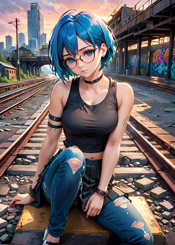 teenage girl, 12 years old, Chloe Price, blue hair, female figure model, perfect fitness musclebody, huge perfect round chest, punk style, black tank top, ripped jeans, leather bracelet, rebellious po
