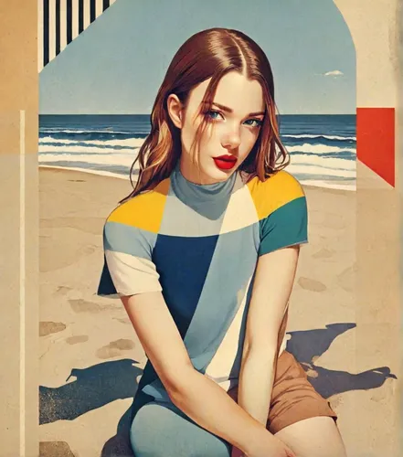 A beautiful young woman sits on the sea beach against the backdrop of sand and sea. The weather is sunny.,retro woman,girl on the dune,retro girl,art deco woman,bondi,vintage illustration,vintage art,