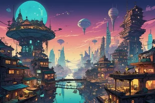  Game Scene, Wild angle view,fantasy city,futuristic landscape,fantasy world,ancient city,kinkade,cybertown,fantasy landscape,cityscape,metropolis,aurora village,areopolis,citadels,cybercity,microdist