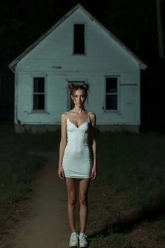 This is a nighttime photograph featuring a young woman standing on a dirt path in front of a dilapidated, white, single-story house. The woman, who appears to be in her late teens or early twenties, h