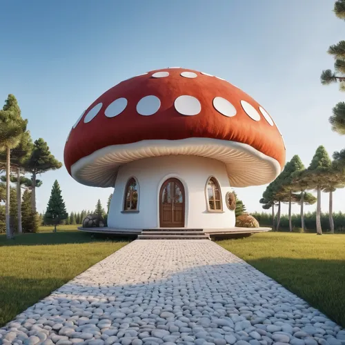 A house in the shape of a mushroom on a white background,mushroom landscape,mushroom island,toadstool,round hut,round house,champignon mushroom,mushroom hat,anti-cancer mushroom,club mushroom,lingzhi 