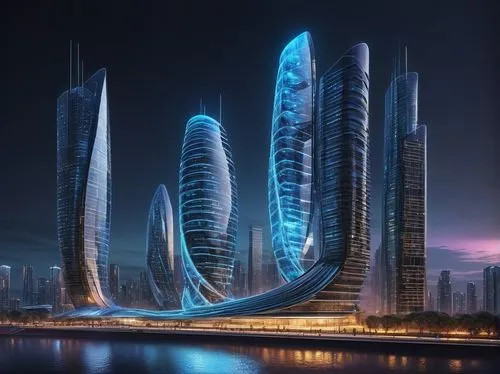 Computational architecture, futuristic building, sleek lines, metallic materials, LED lights, glass façade, parametric design, algorithmic patterns, fractal structures, neon-lit night scene, cityscape