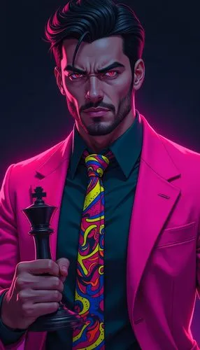 A digitally illustrated portrait of a confident, stylish man with sharp facial features and a serious expression. beard cut face, The character is wearing a vibrant, neon pink blazer over a dark green