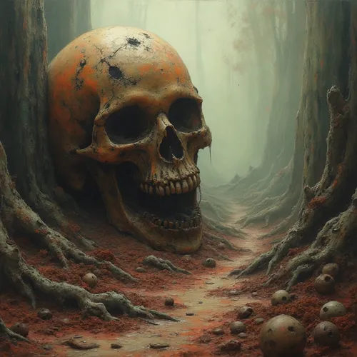 hollow way,valley of death,haunted forest,dead end,death's head,the grave in the earth,human skull,forest path,world digital painting,fantasy art,the path,skull bones,the mystical path,life after deat