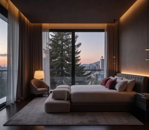 a well lit room with a view of the city,modern room,bedroom,bedrooms,interior modern design,modern decor,contemporary decor