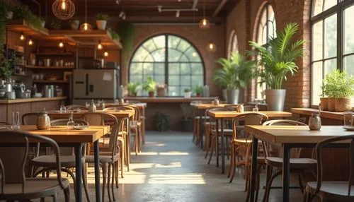 Coffee shop interior, warm and cozy atmosphere, wooden tables, metal chairs, modern industrial decor, exposed brick walls, concrete floors, coffee color palette, earthy tones, rich brown, creamy beige