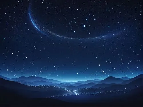 Starry night sky, countless twinkling stars, dark blue background, subtle glow, misty atmosphere, Milky Way visible, few shooting stars, crescent moon, calm and peaceful ambiance, gentle bokeh effect,