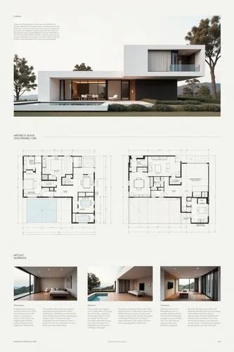 A professional architectural presentation board with a Pure background and a clean, minimalist design layout. The board includes:

Top Section: On the top left, a photorealistic render of a contempora