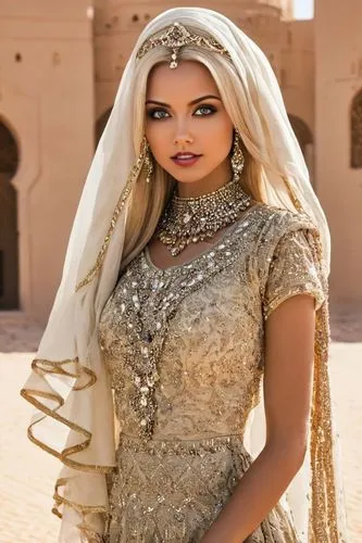 Barbie arabian,
eras headshots，Lifestyle Headshots， Lifestyle，Exotic Arabian Nights，women
,the woman is posing for a picture wearing an extravagant dress,golden weddings,bridal jewelry,middle eastern,