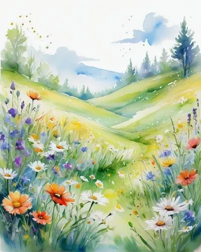 white background, MAGIC AND FANTASY flowered meadow COLORED COLORED CARTOON, WHITE BACKGROUND, CARTOON, SKETCH, cartoon, WHITE BACKGROUND, SKETCH, CARTOON, SKETCH, SKETCH,meadow in pastel,meadow lands