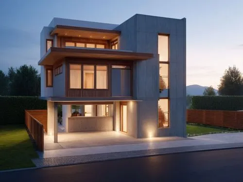 render this scene, set in a early morning setting, wood facade combined with concrete, include cars and pedestrians,a three - story house with a porch on the first floor and a balcony at night,modern 