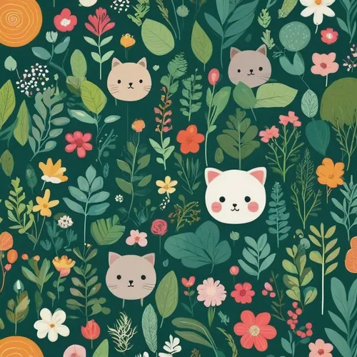 Generate cute wallpapers with a nature theme,seamless pattern,floral background,japanese floral background,floral digital background,flower cat,seamless pattern repeat,flowers pattern,woodland animals