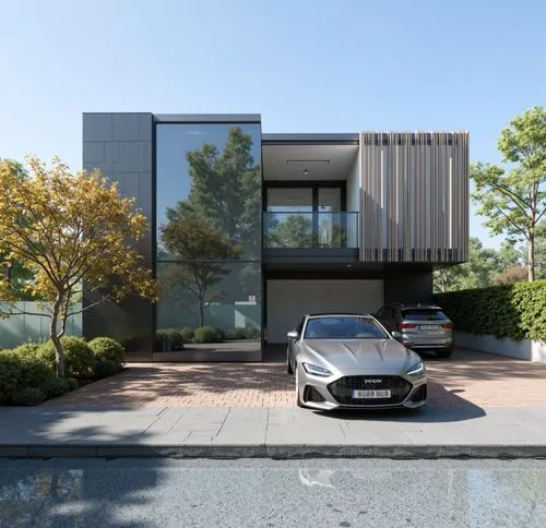 a silver car parked in front of a very large building,modern house,3d rendering,render,modern architecture,renders,driveways,cubic house,cube house,mulliner,residential house